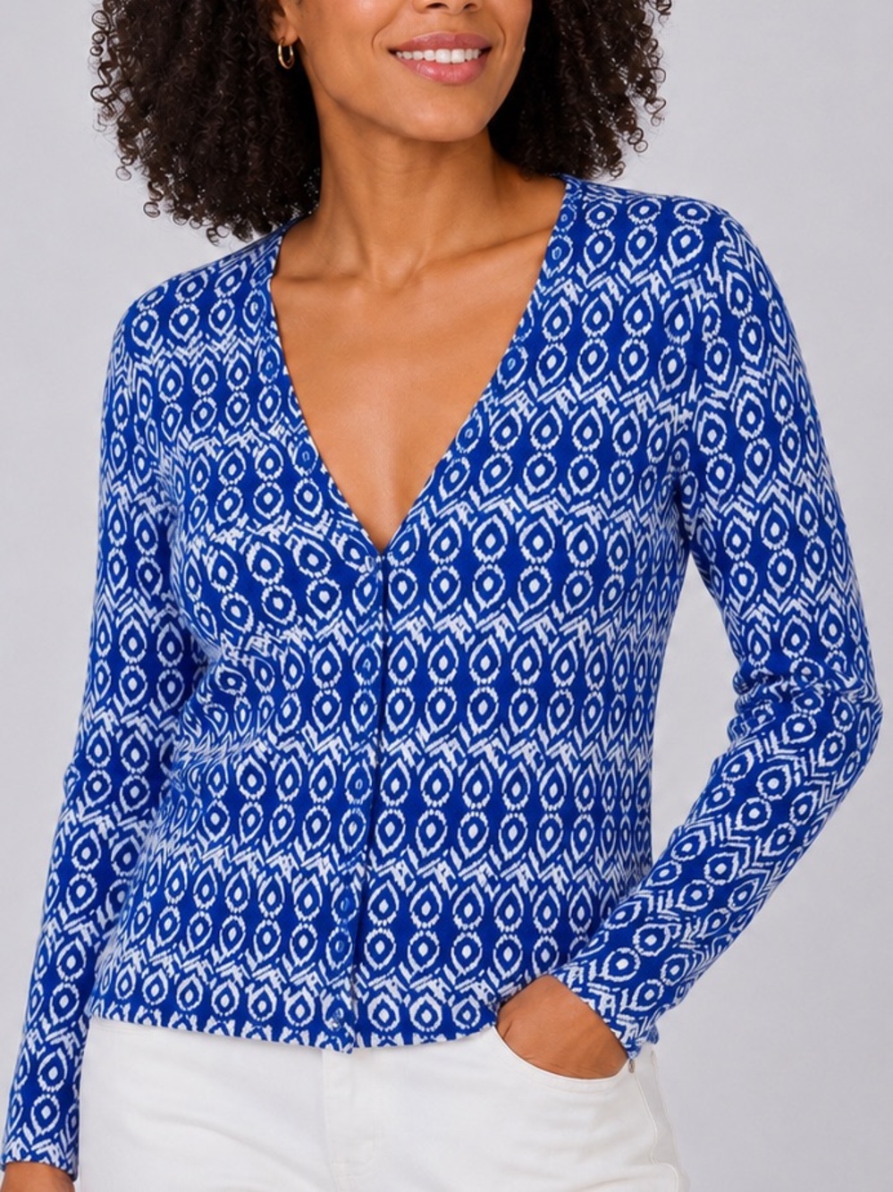 Ann Taylor | Blue Patterned V-Neck Long-Sleeve  Cardigan | Size S | Like New